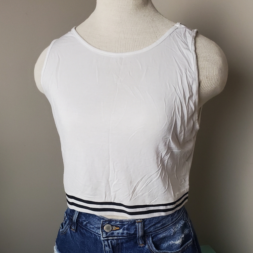 POL White Tank Top with Black Striped Hem